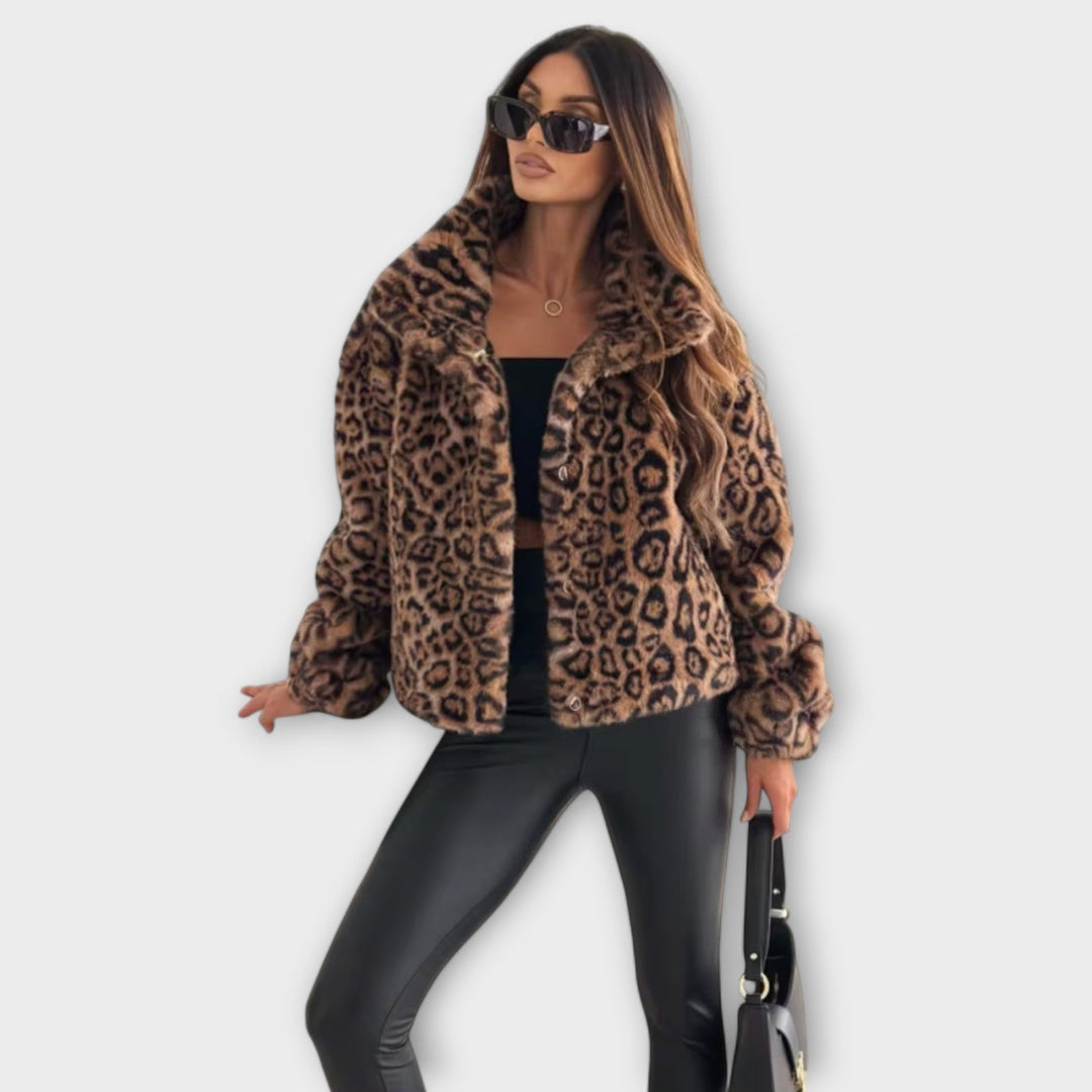 Leocadia - Kabát z umělé kožešiny s leopardím vzorem