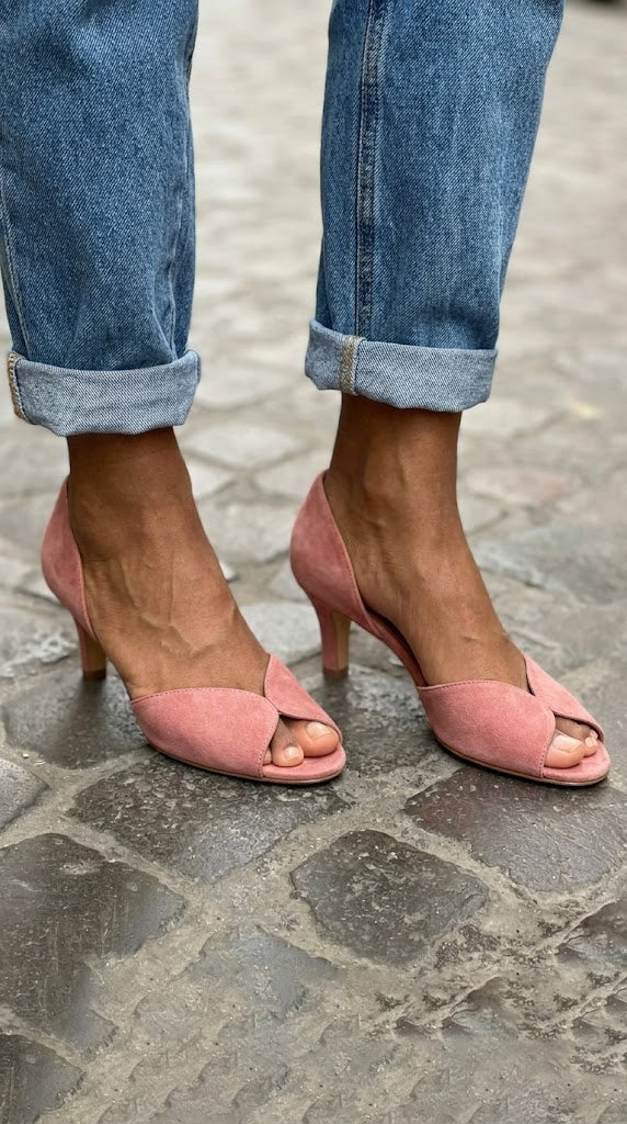 Mira - Saltos Peep toe z růžové nubukové kůže