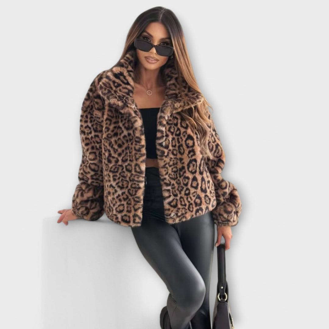 Leocadia - Kabát z umělé kožešiny s leopardím vzorem