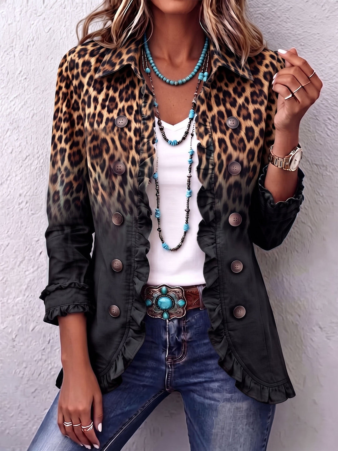 Sabina | Černý leopardí blazer s volány