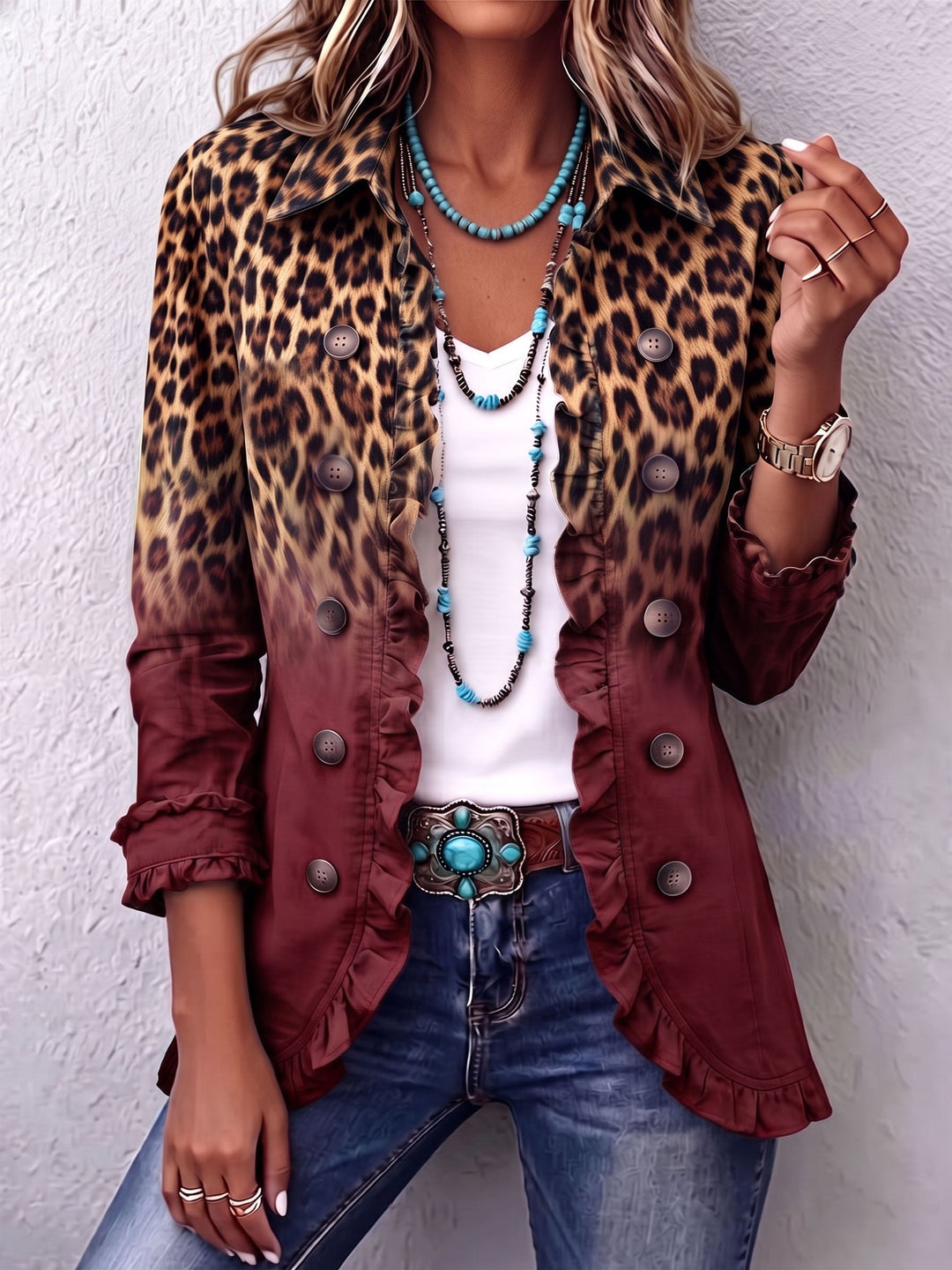 Tomasa | Blazer s leopardím vzorem v barvě vína s volány